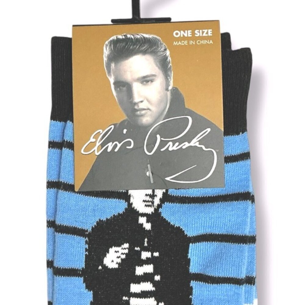Elvis Presley Men’s Novelty Socks Blue Black Stripe Adult Unisex One Size NEW - Picture 2 of 15